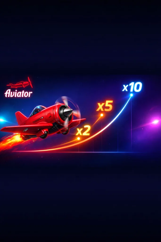Vibrant promotional banner for Aviator crash game featuring a red propeller plane with flames trailing behind, flying upward along a glowing orange-to-blue curved trajectory marked with multipliers x2, x5, and x10, 'Aviator' logo in red on the left, set against a dark cosmic background with neon lights